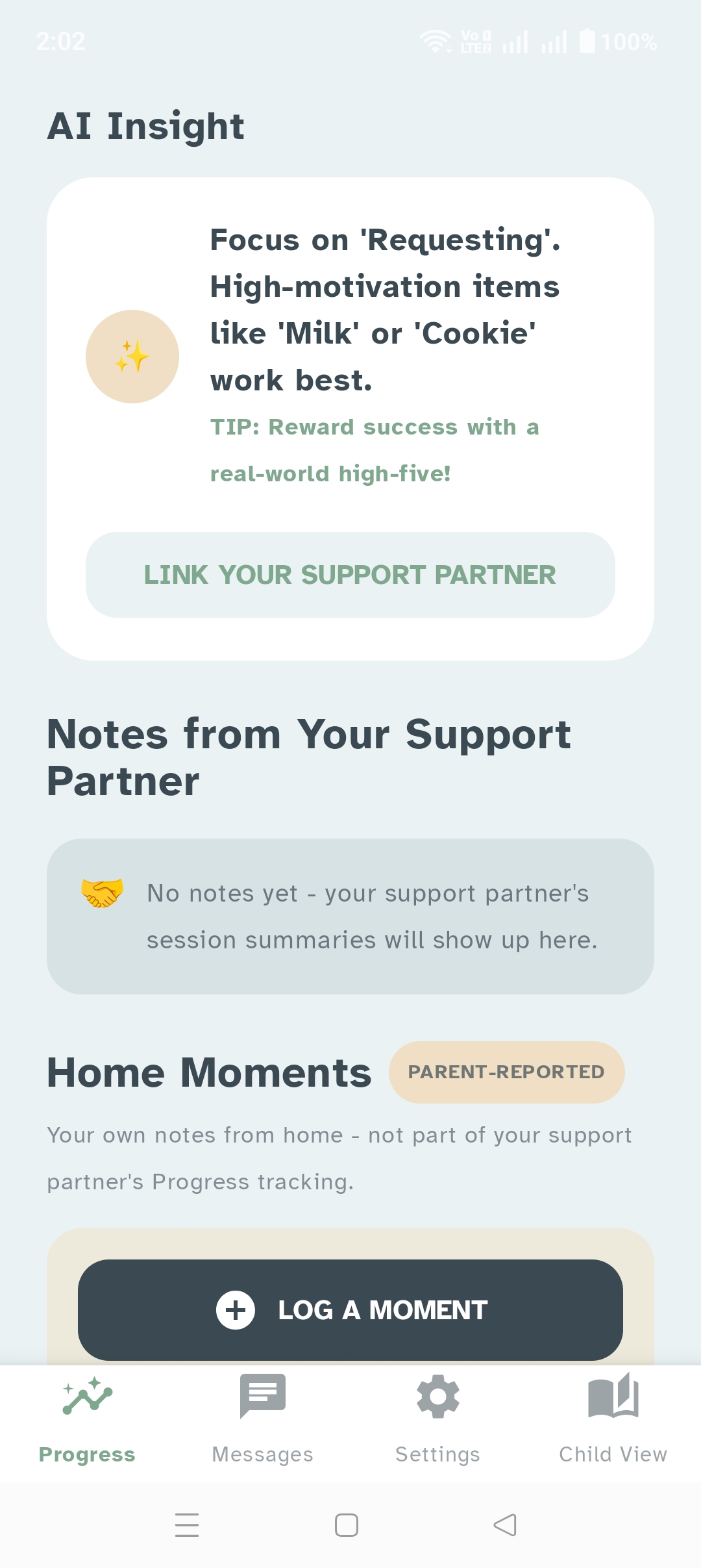 AI Insight card recommending a focus on Requesting with high-motivation items, plus a Notes from Your Support Partner section and Home Moments log.