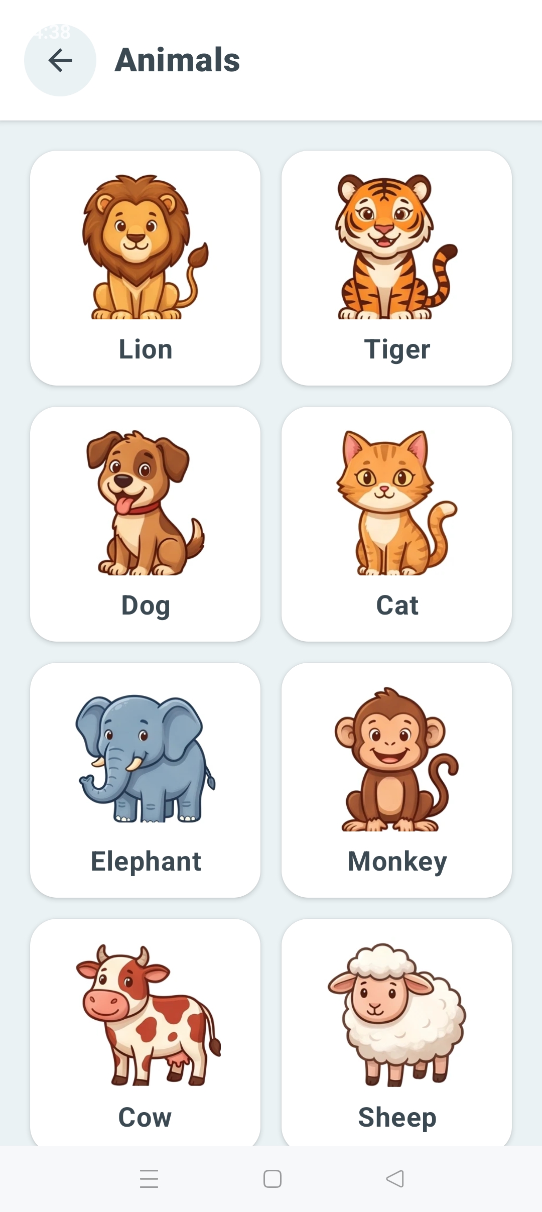 Animals category with a grid of detailed vocabulary cards: Lion, Tiger, Dog, Cat, Elephant, Monkey, Cow, and Sheep.
