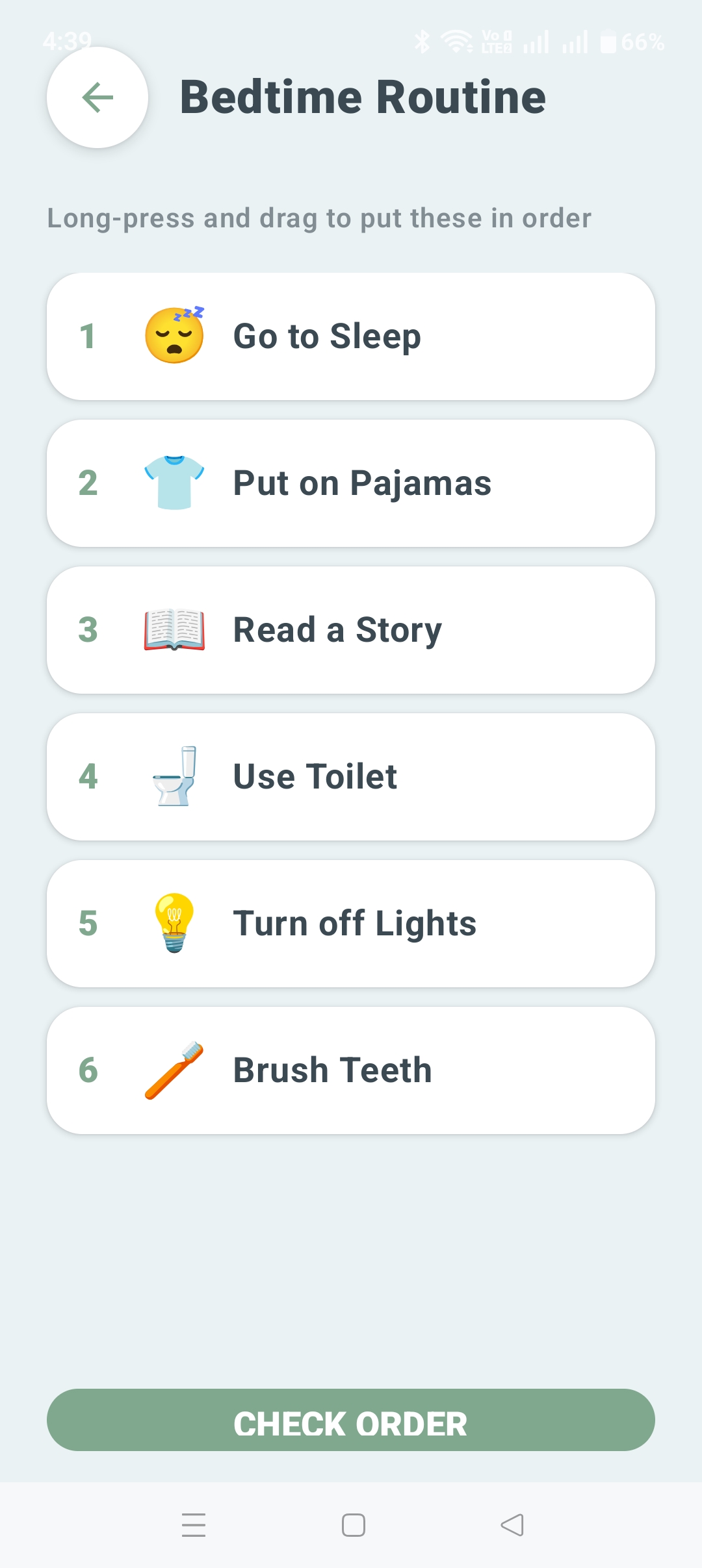 Bedtime Routine sequencing game: long-press and drag steps like Put on Pajamas, Read a Story, and Brush Teeth into the right order.