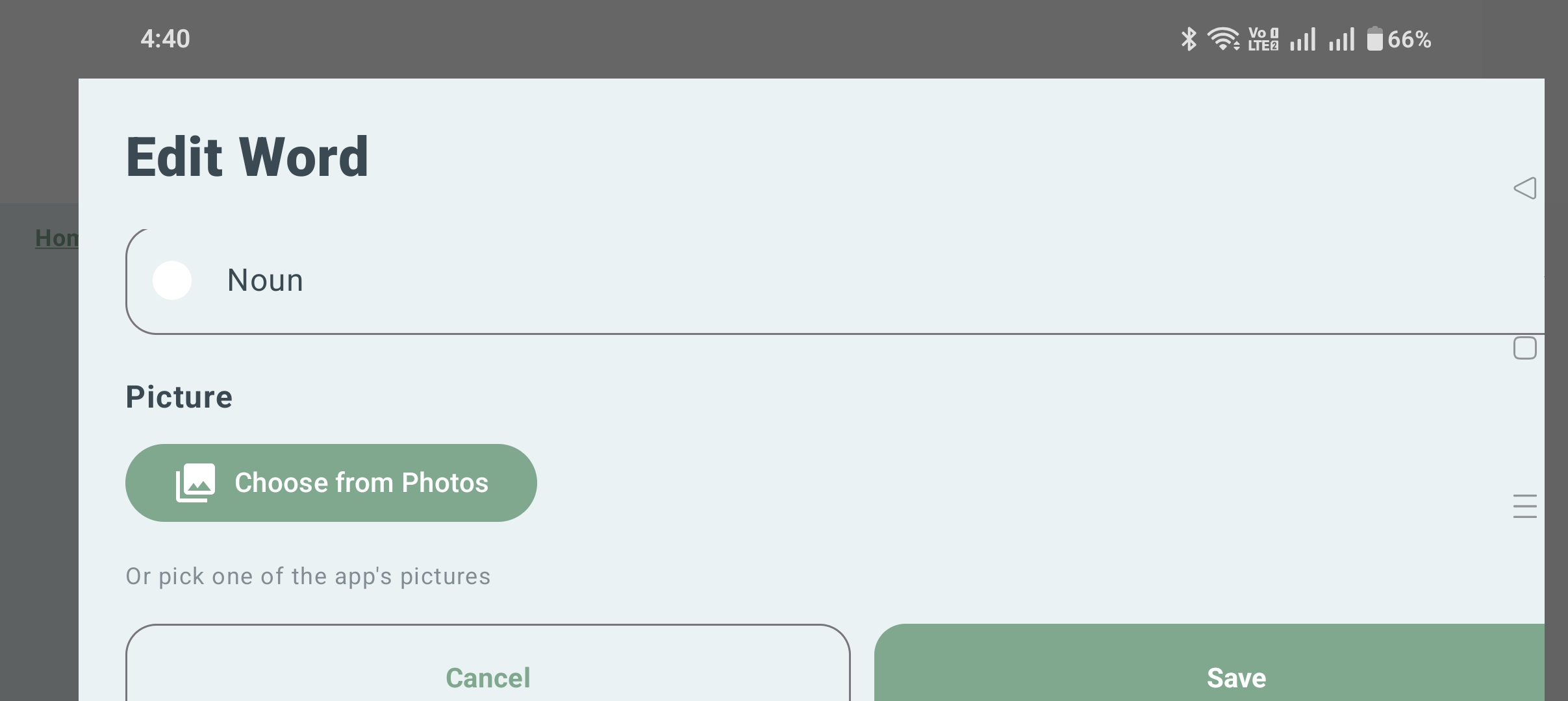 Board Builder's Edit Word screen for adding a noun, choosing a picture from photos, or picking one of the app's built-in pictures.