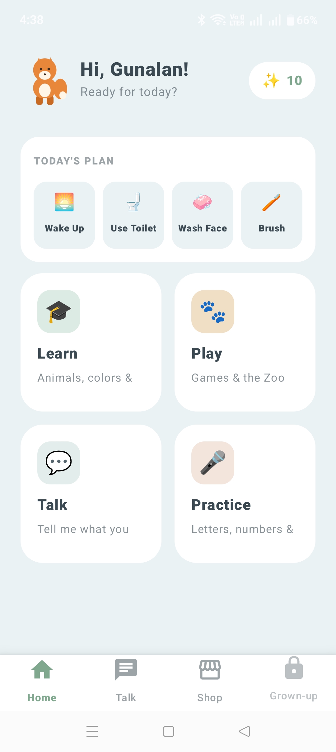 Child's home screen greeting Gunalan with today's plan and one-tap access to Learn, Play, Talk, and Practice.