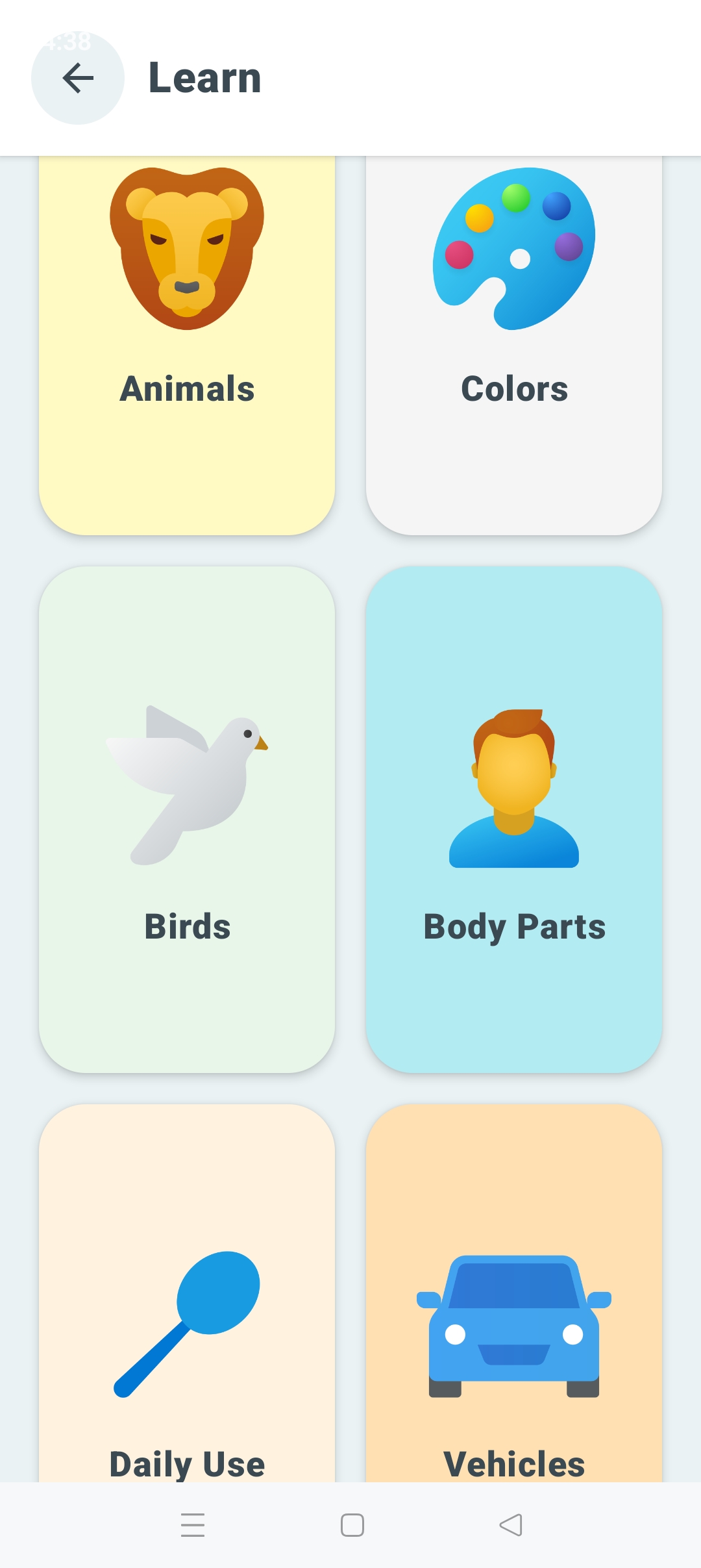 Learn menu showing richly developed categories: Animals, Colors, Birds, Body Parts, Daily Use, and Vehicles.