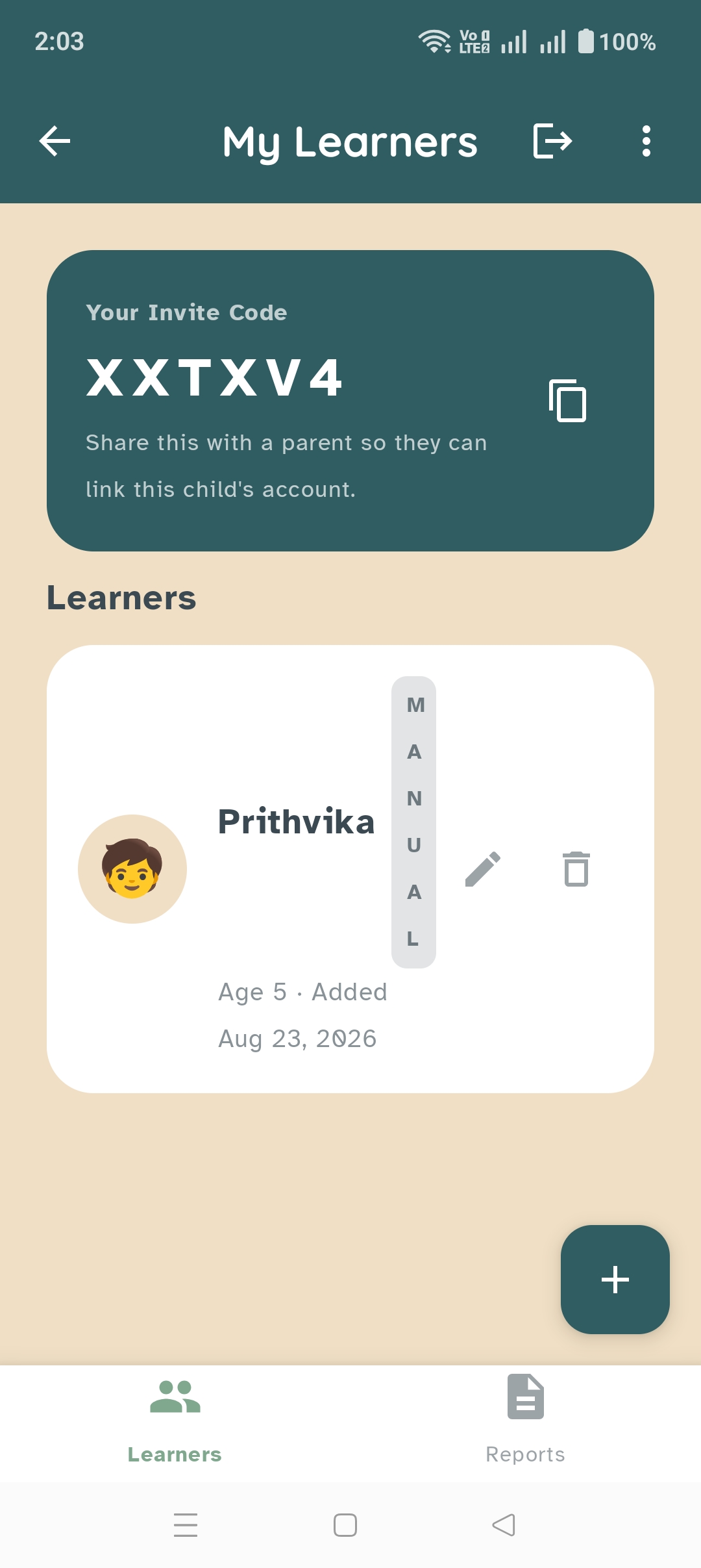 My Learners screen showing an invite code to share with a parent, and a linked learner, Prithvika, with edit and delete actions.