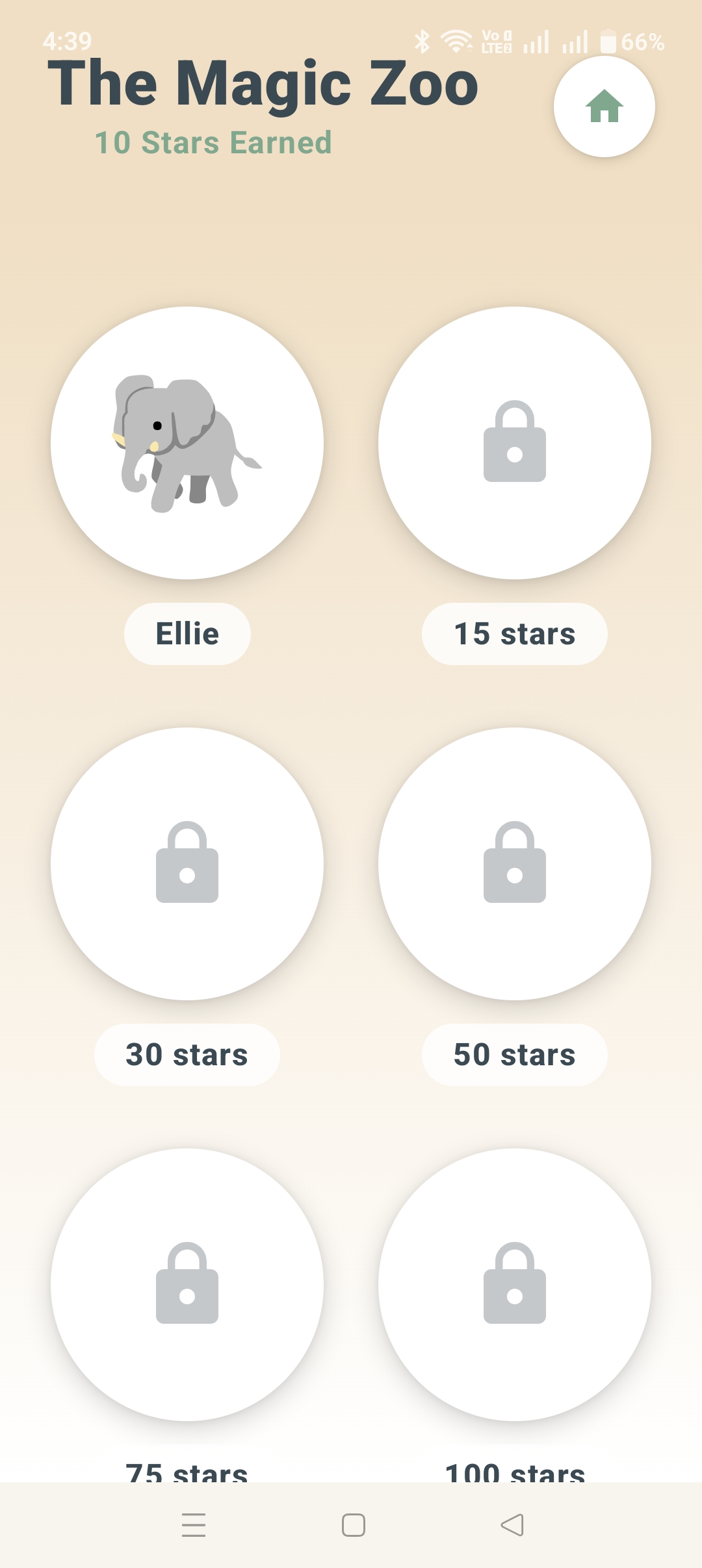 My Magic Zoo reward screen showing Ellie the elephant unlocked, with more animal friends locked behind 15, 30, 50, 75, and 100 stars.