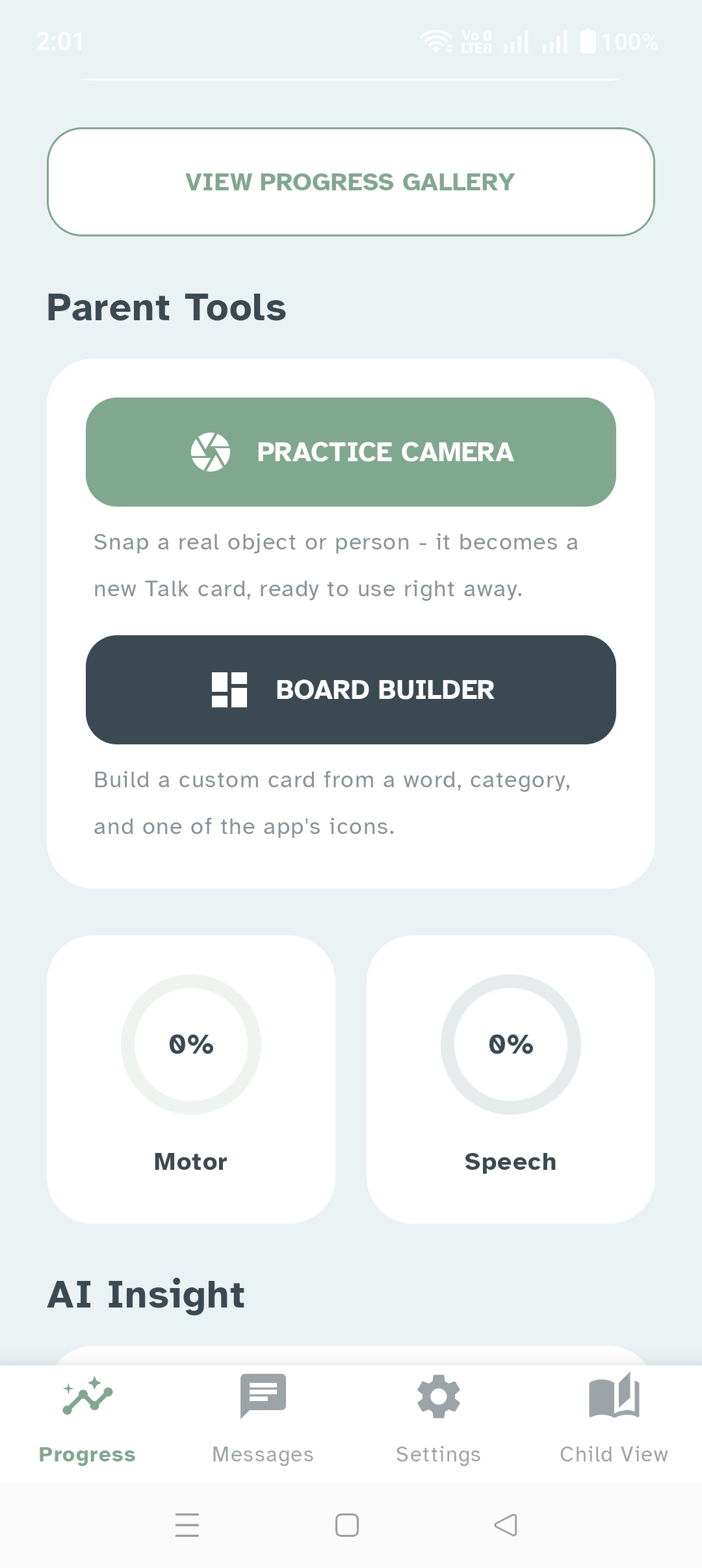 Parent view showing the Progress Gallery button, Practice Camera and Board Builder tools, and Motor and Speech progress meters.