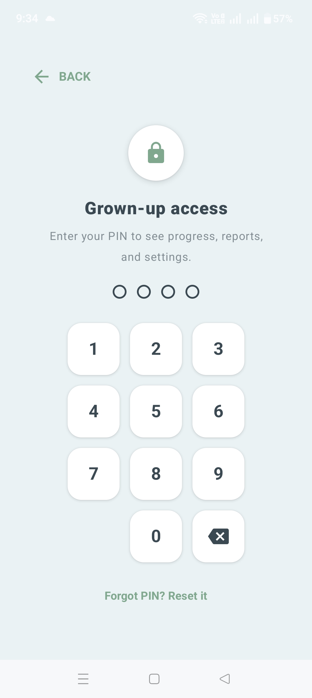 Grown-up access PIN screen protecting progress, reports, and settings from a child's everyday use of the app.