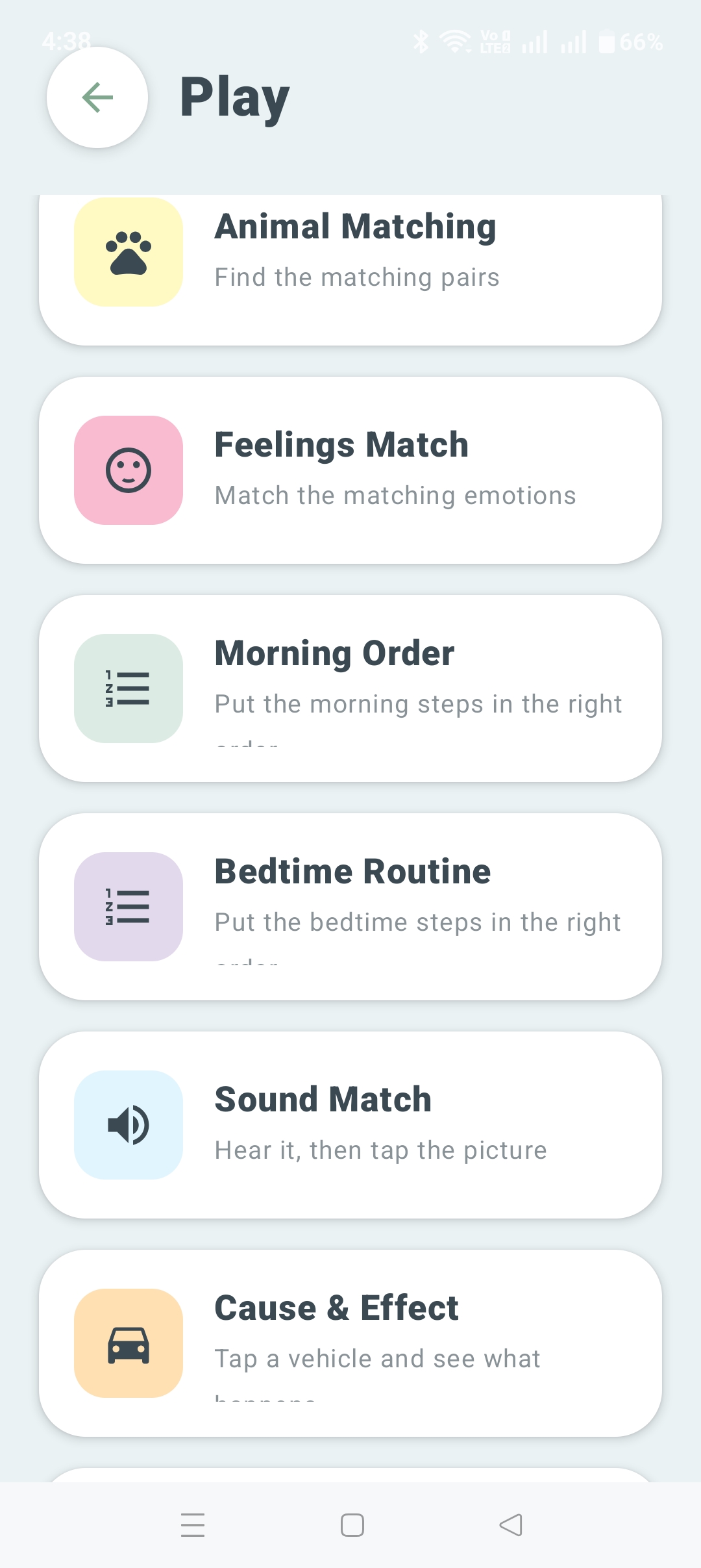 Play menu with Animal Matching, Feelings Match, Morning Order, Bedtime Routine, Sound Match, and Cause & Effect, all running on the same underlying game engine.