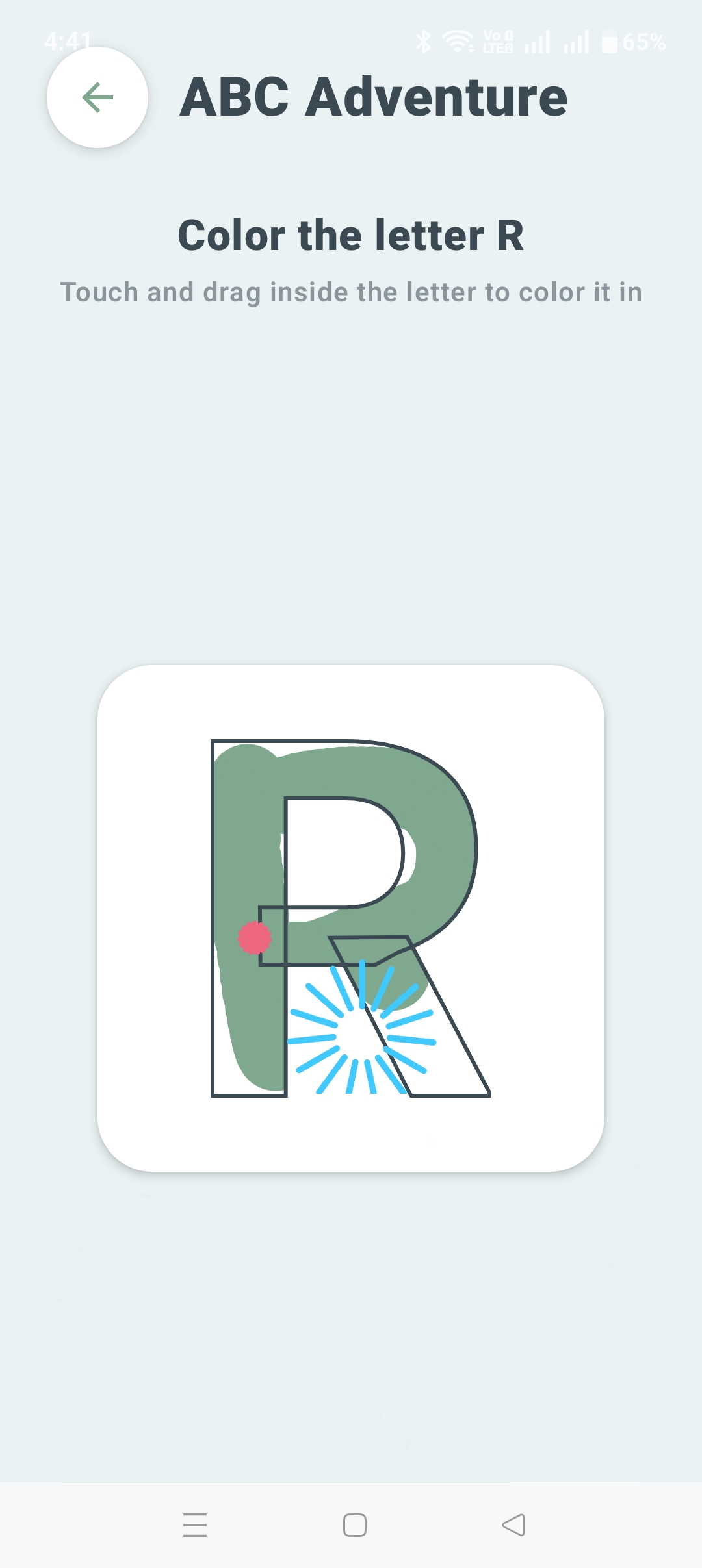 ABC Adventure letter-tracing activity: touch and drag to color in the letter R, with stroke-path guidance.