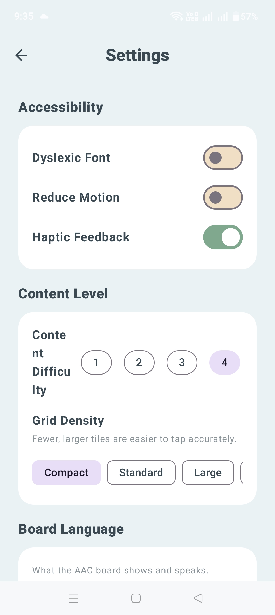 Accessibility settings for Dyslexic Font, Reduce Motion, and Haptic Feedback, plus Content Difficulty and Grid Density controls.