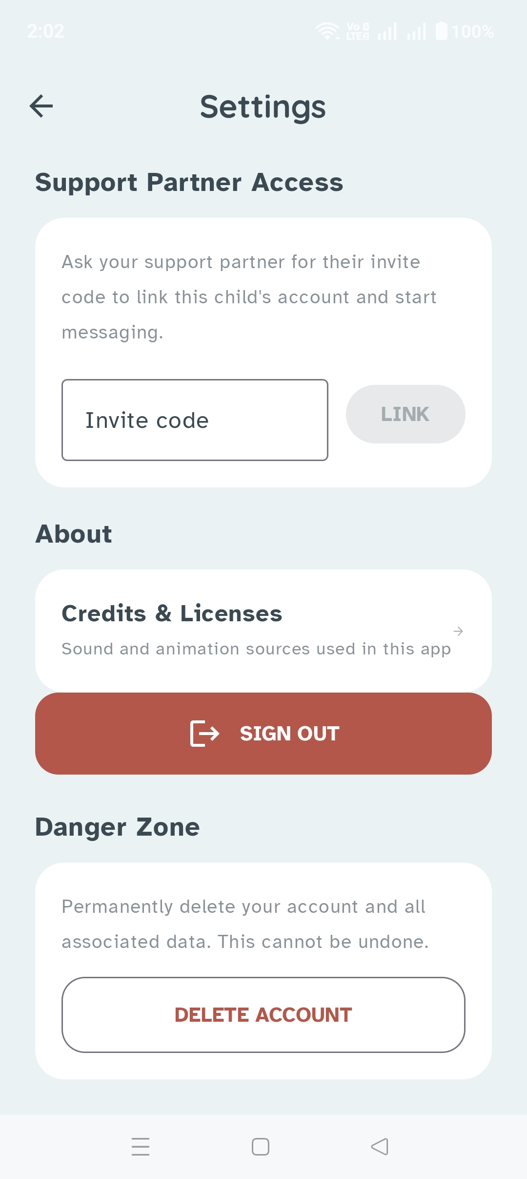 Settings screen showing Support Partner Access with an invite-code field, plus Credits & Licenses, Sign Out, and Delete Account controls.