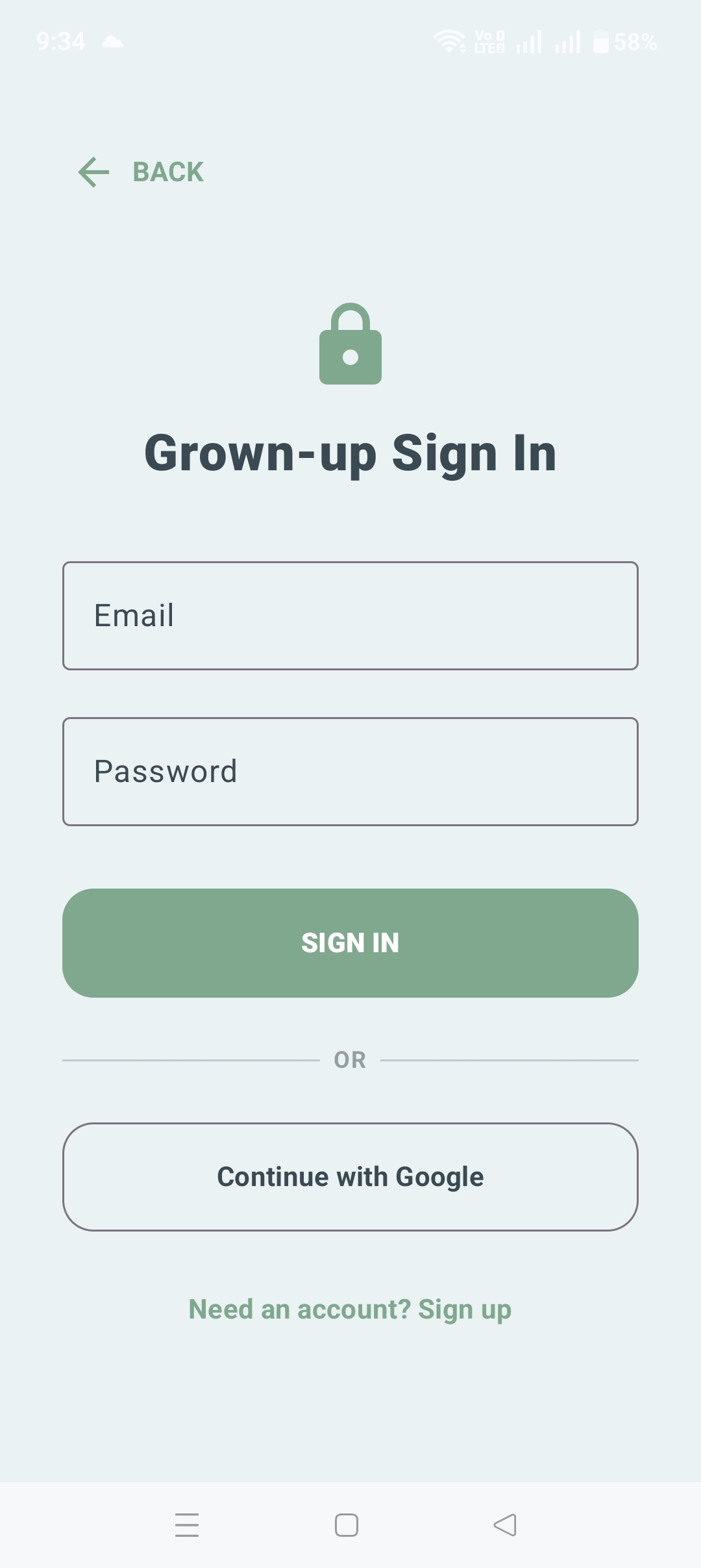 Grown-up Sign In screen with email and password fields and a Continue with Google option.
