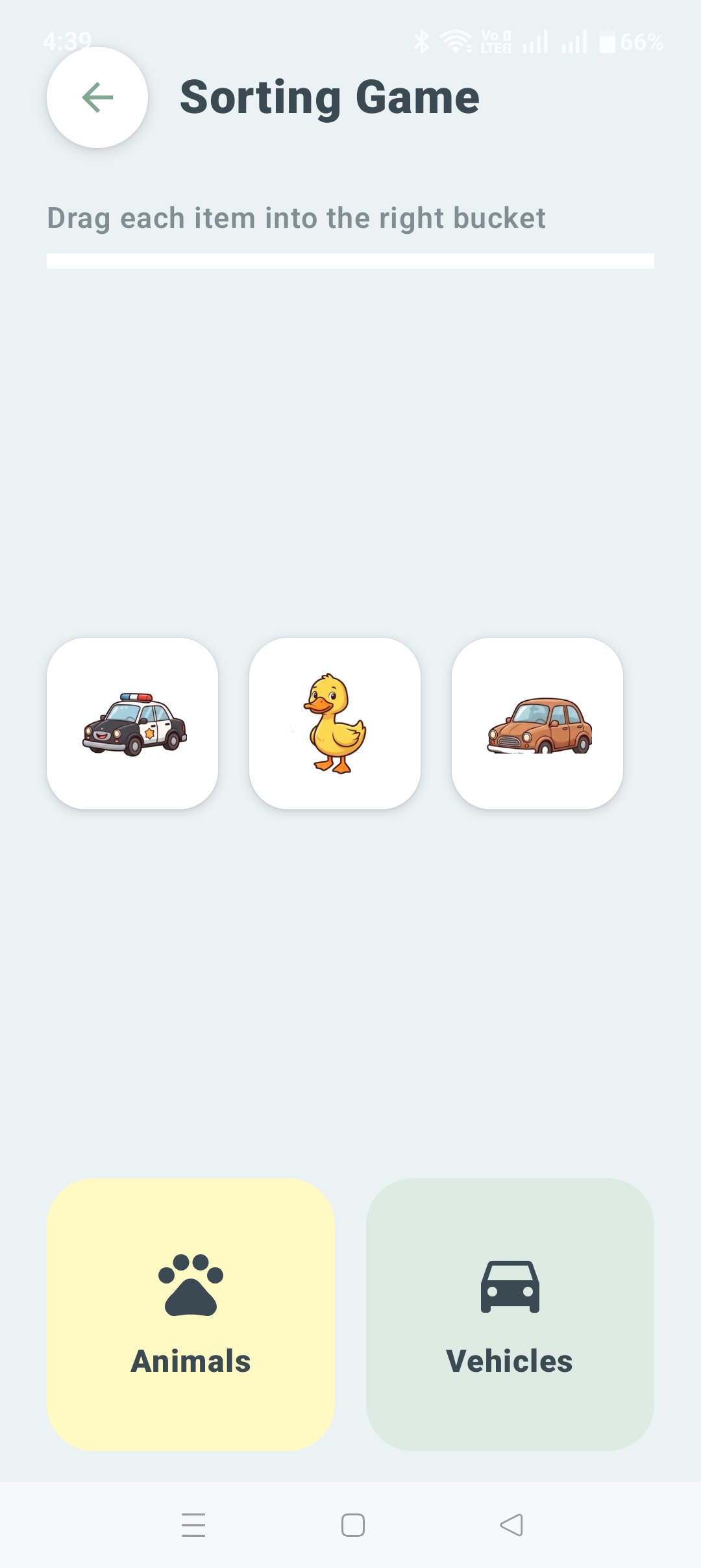 Sorting Game: drag a police car, duck, and car into the Animals or Vehicles bucket.