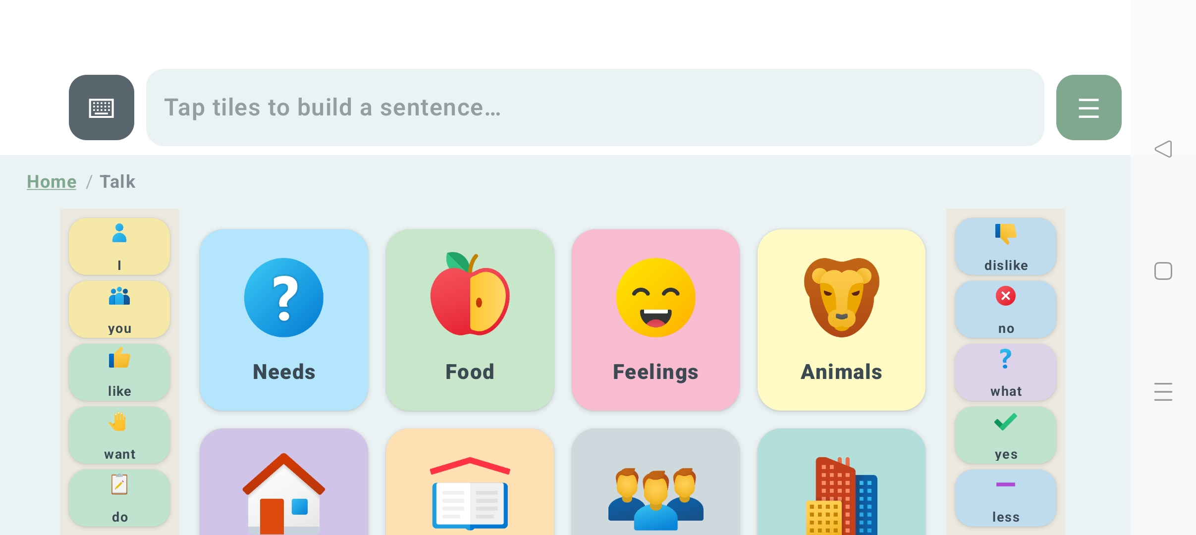 Talk board with a persistent core-word rail (I, you, like, want, do) beside category tiles for Needs, Food, Feelings, and Animals, and a sentence-building strip at the top.